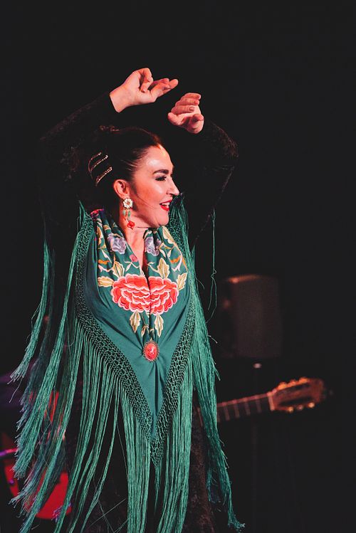 Leli Dores dancing emotional flamenco in tablao in Jerez