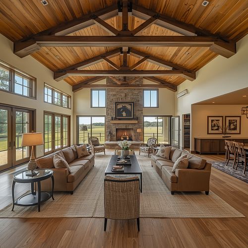 Professional real estate photography of a spacious luxury great room featuring high vaulted ceilings with exposed timber beams, a stone fireplace, and large windows in Gainesville FL by PrimePropertyPhoto.
