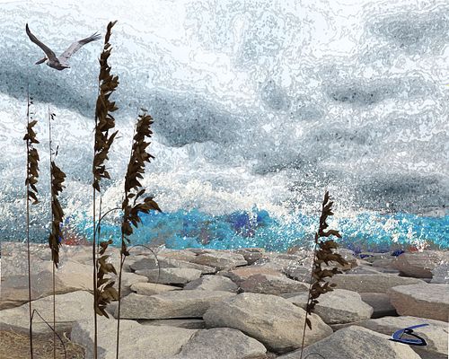 High tide waves against rocks seascape