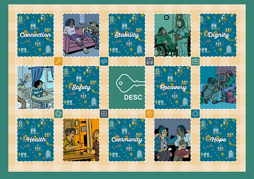 Evergreen illustration assets used in various fundraising campaigns, presentations, and graphics to help audiences visualized DESC's services and client population