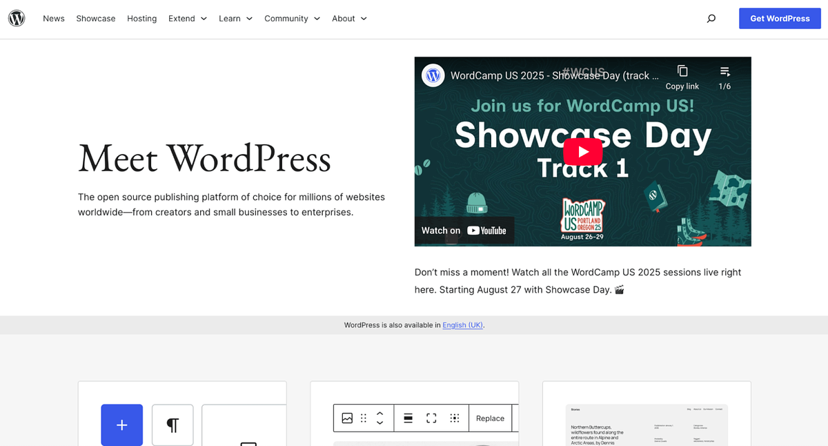 Screenshot of WordPress homepage