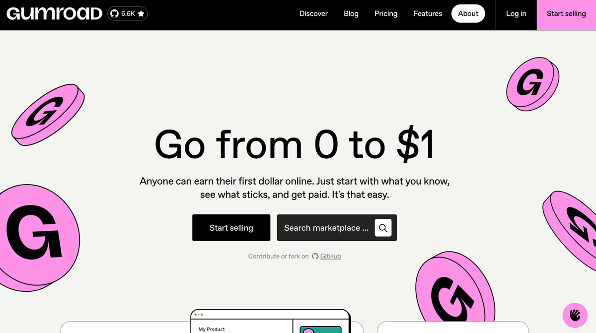 Captura de tela da página inicial do Gumroad