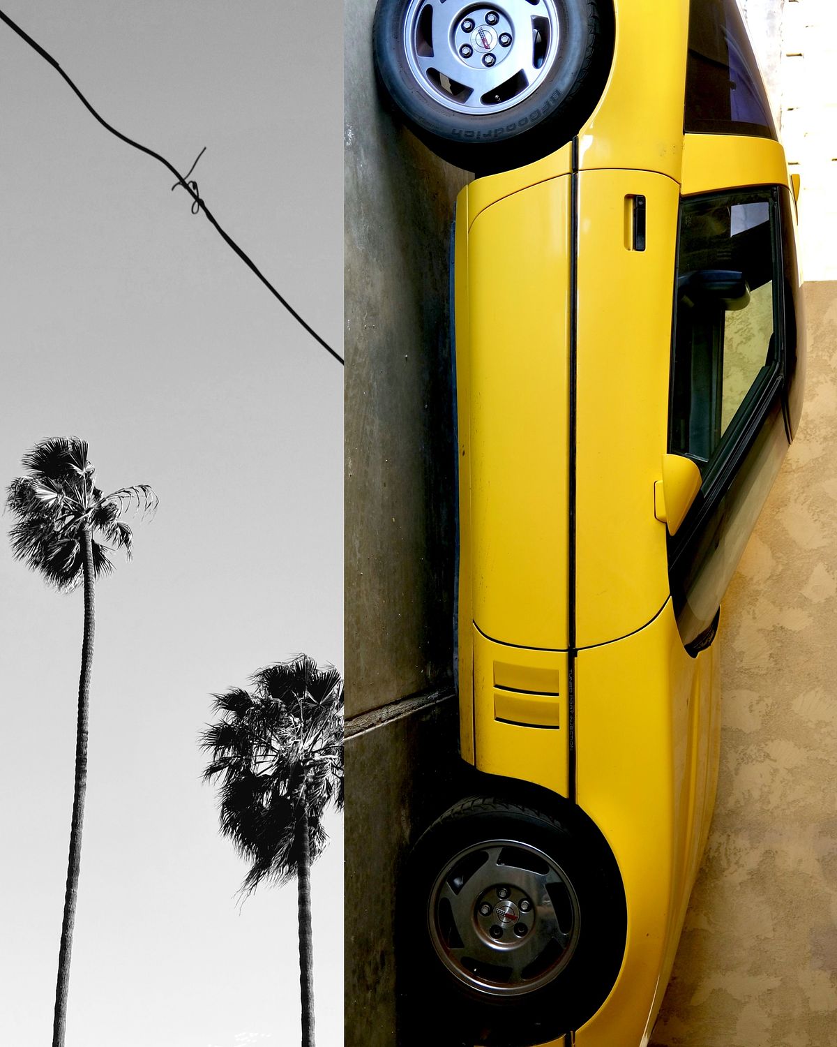 Collage of black & white palm trees and a yellow Corvette in Santa Monica, California
