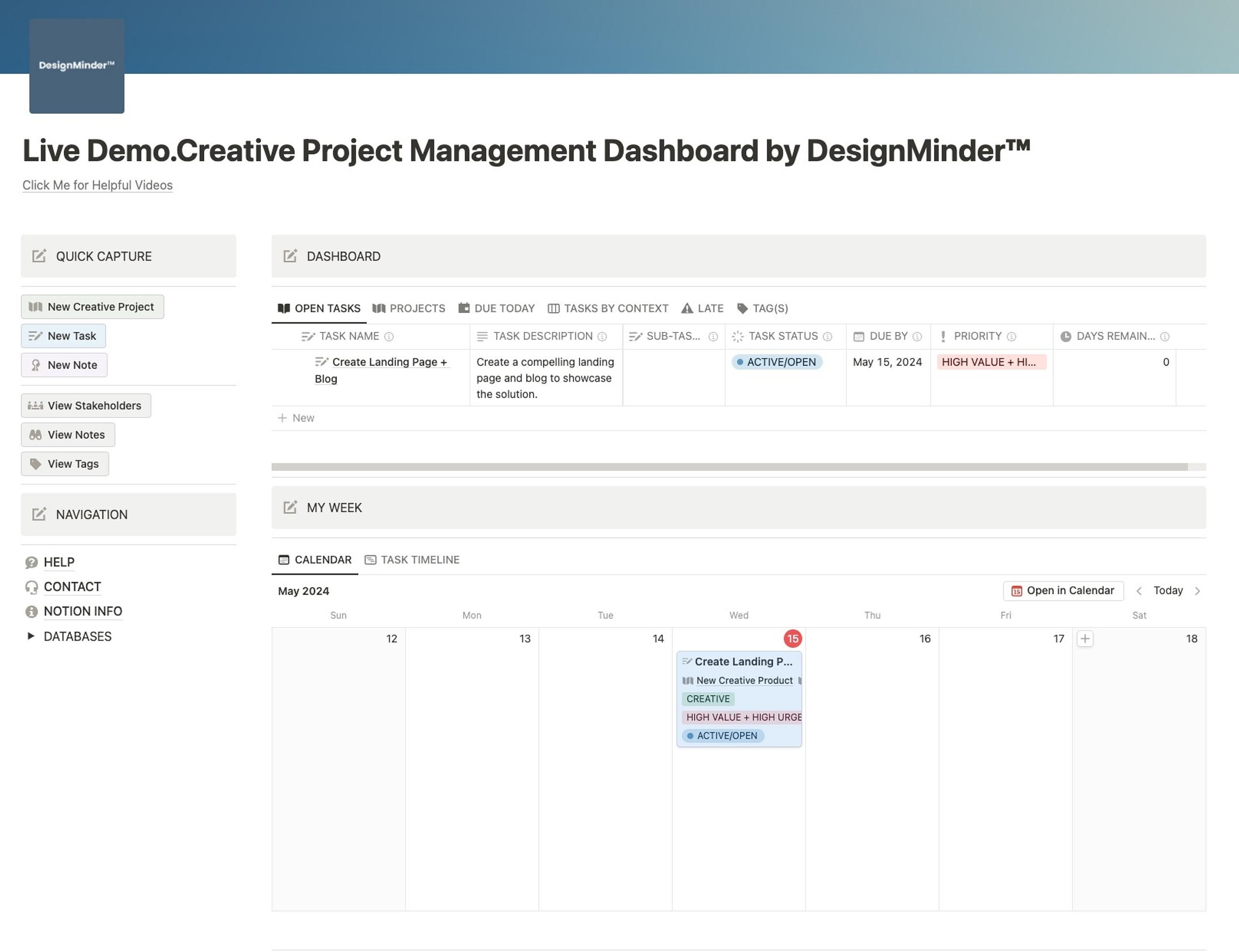 The Creative Project Management Notion Dashboard by DesignMinder&trade;