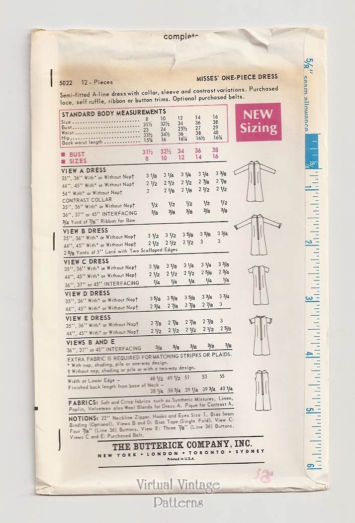 A Line Dress Vintage Sewing Pattern, Butterick 5022 | Virtual Vintage