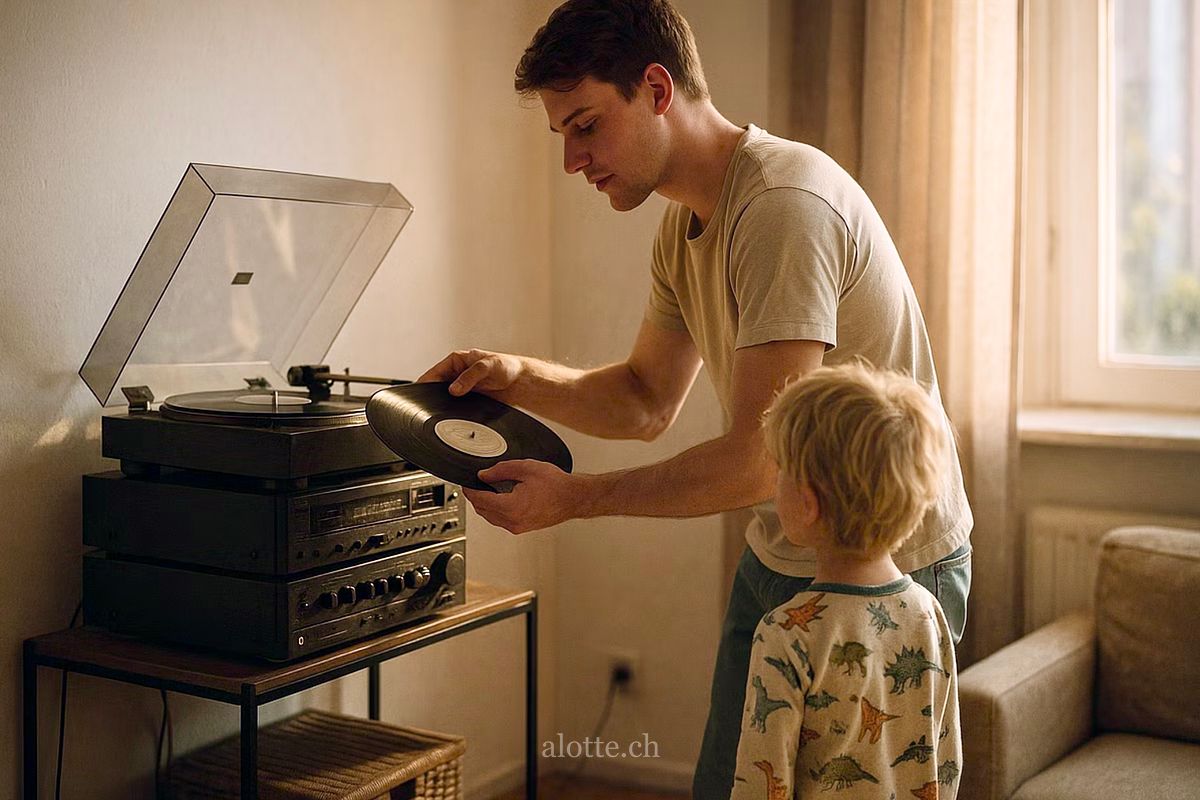 Image of a man playing a Pink Floyd record to a young Martin Potter