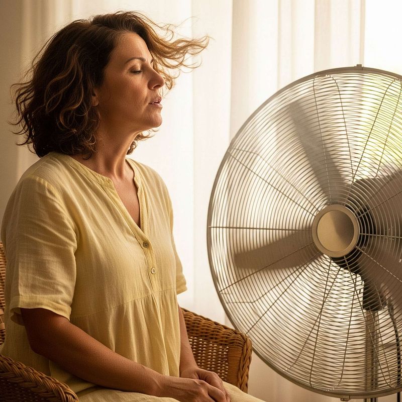 menopausal women with a hot flash sitting in front of a fan trying to cool down