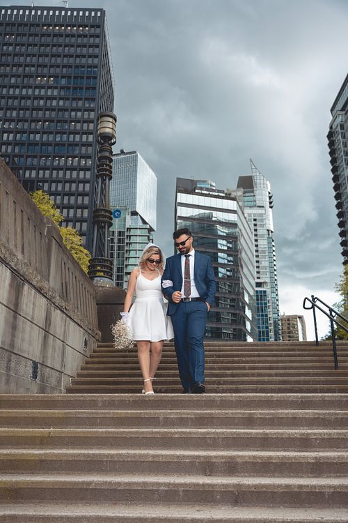 Couple anniversary photoshoot at Coal Harbour in downtown Vancouver