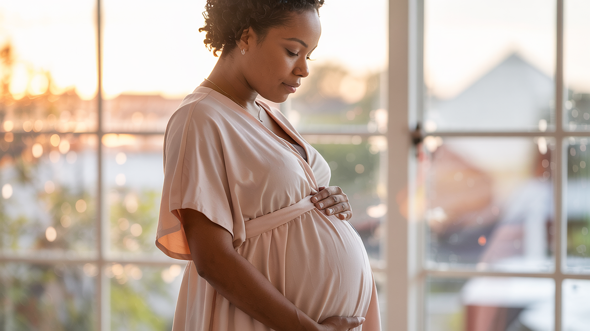 Pregnant woman posing in natural light with a flowing maternity gown.
