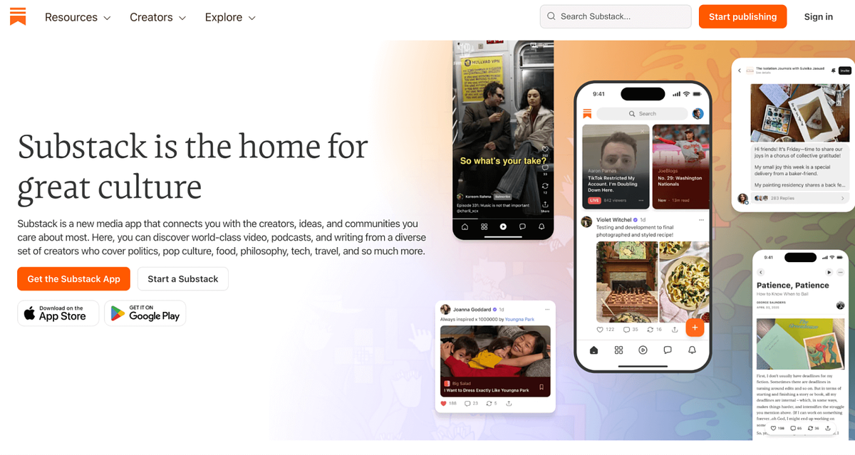 Bild der Homepage von Substack
