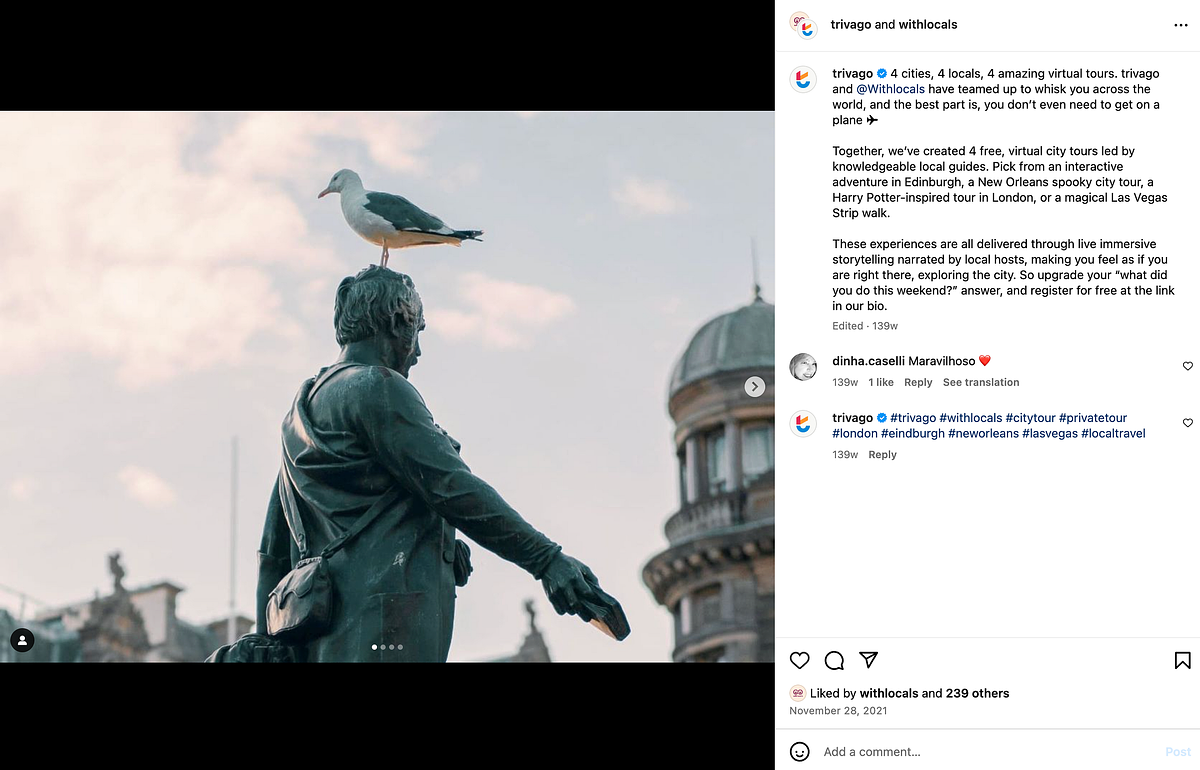 A screenshot of an instagram post that shows a picture of a historic statue in Edinburgh. On the right side of the picture is the caption and the comments section