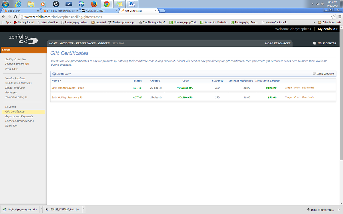 Zenfolio screenshot of their gift certificates section