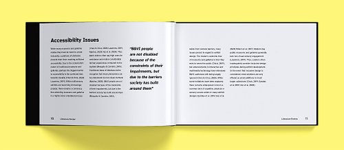 Double-page spread featuring body text discussing accessibility barriers, set in a three-column grid with large type and wide line spacing.