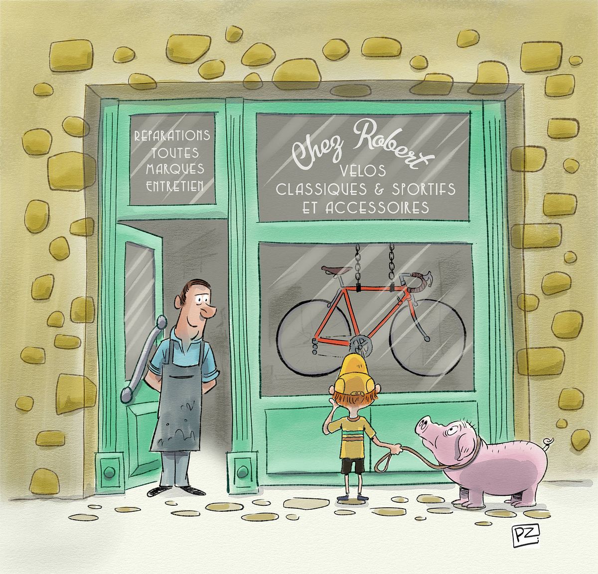 Julien staat voor de etalage te kijken naar zijn nieuwe koersfiets. De winkelier staat in het deurgat te kijken.