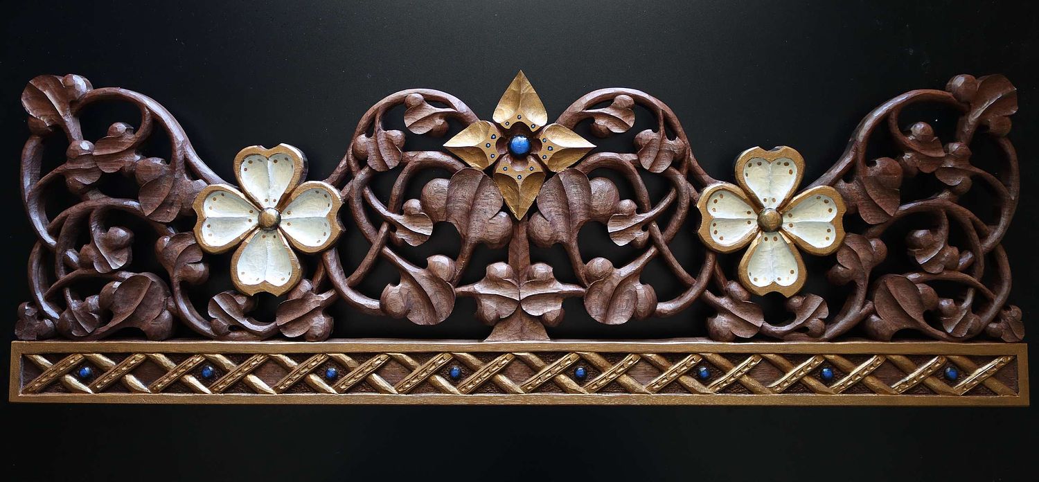 hand-carved crown with scrolling vines, dogwood flowers and virgin's bower by Wes Baker and painted by Kelly Baker