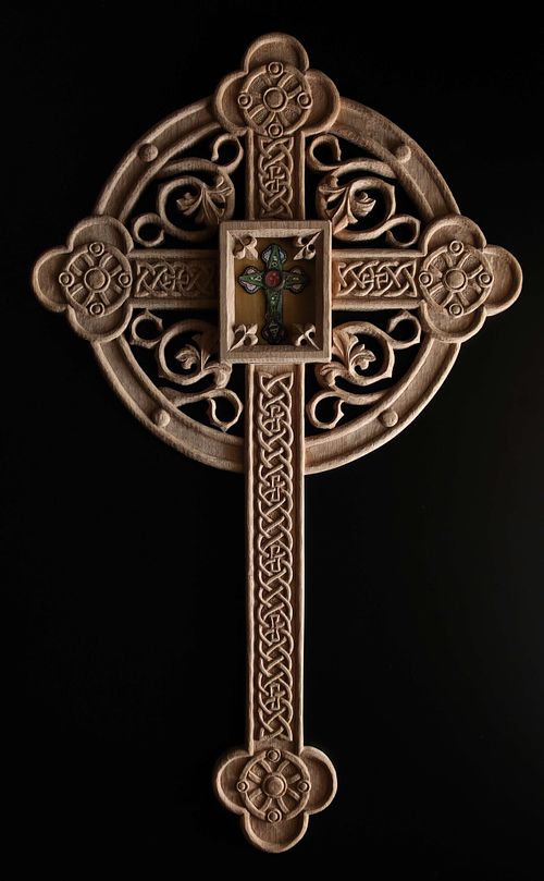 Hand-carved reliquary in white oak with Celtic Knotwork, Roundels and Gothic Revival Leaves for St Patrick Church in London, Ohio.