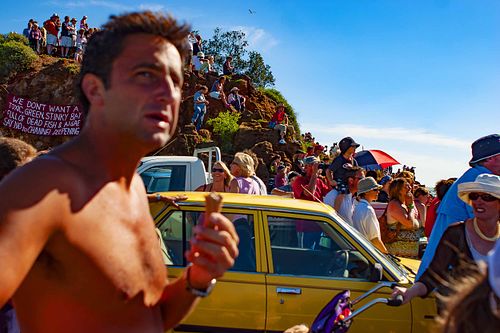 Photograph during a protest about proposed channel deepening of ﻿Port Phillip Bay. Mornington, ﻿Victoria, Australia.