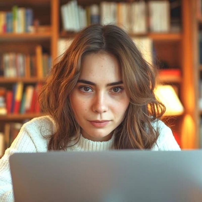 woman researching on laptop in a library