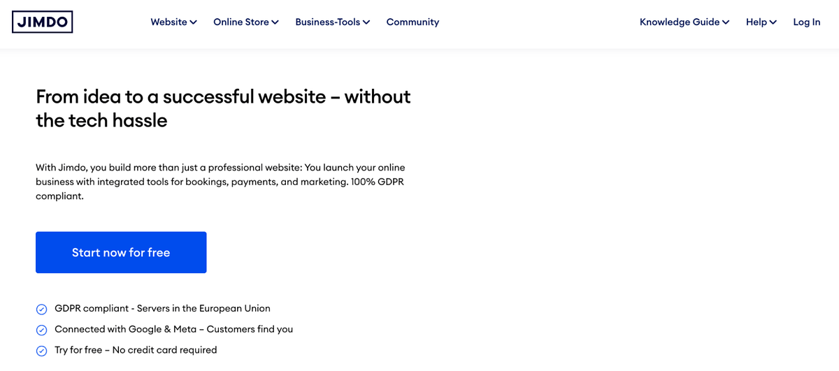 Jimdo homepage showing the Dolphin AI website builder for fast beginner sites