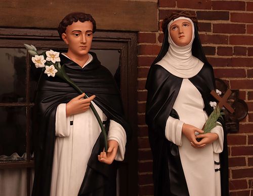 Matching pair of Dominican Saints for the High Altar in Holy Trinity Catholic Church in Somerset, Ohio.  Statue Restoration by Contrasts Woodcarving.