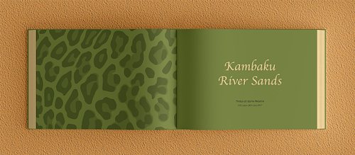 Double-page chapter opening spread of the photobook featuring a green-toned leopard print vector pattern on the left page and the title &lsquo;Kambaku River Sands&rsquo; in a beige decorative font on a plain grass green background on the right.