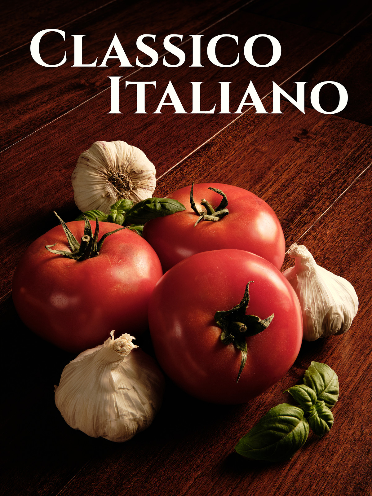 The same photo of three red tomatoes with garlic and basil including a text overlay.