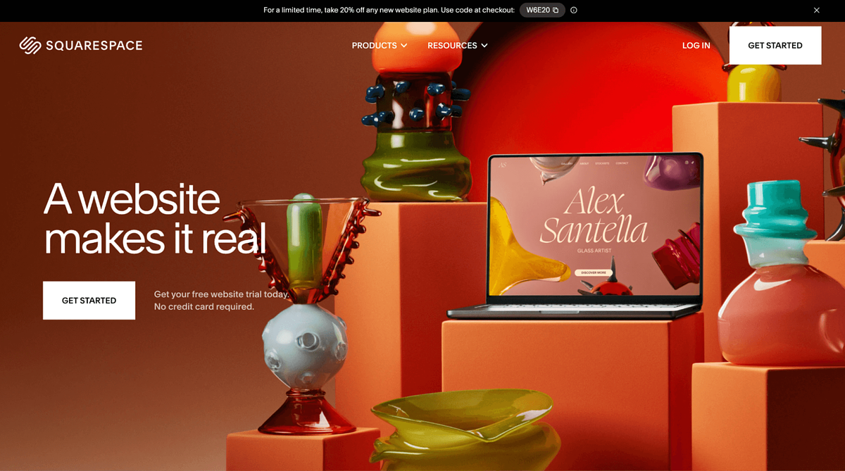 Capture d'écran de la page d'accueil de Squarespace