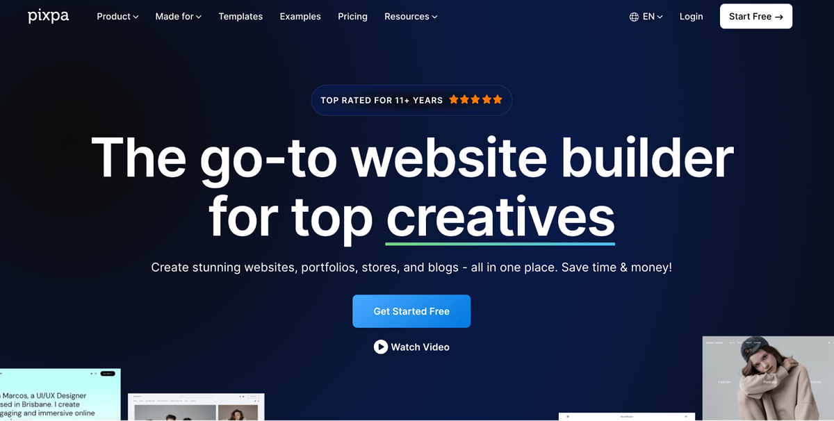 Afbeelding van Pixpa's homepage