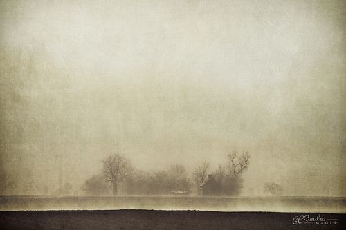 "Underneath the Fog II" is a rural landscape of an old corn crib sitting in a grove of bare trees underneath a mid-morning fog in Marshall County, Illinois. Hidden in the fog is a contemporary wind turbine. This fine art toned and textured print is copyrighted by Gregory C. Sundra and GC Sundra IMAGES, LLC.