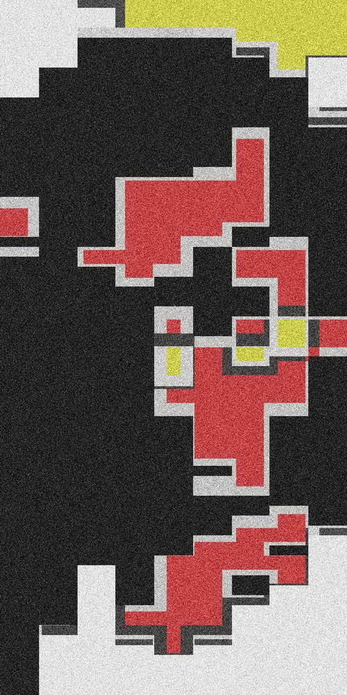 A pixelated character made of geometric shapes is depicted, with strong red, yellow, and black tones. The retro style evokes early digital art aesthetics.