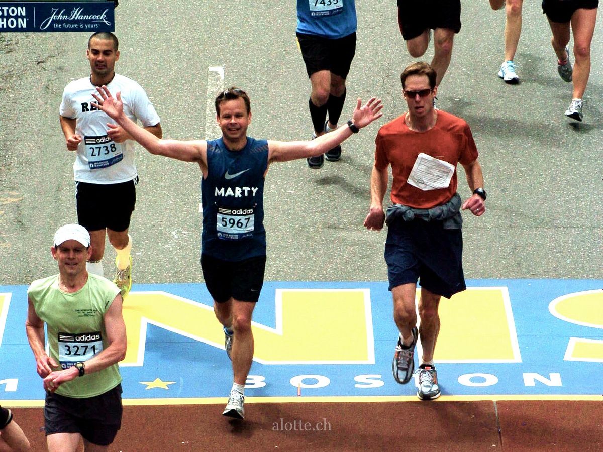 Martin Potter at finish line of Boston Marathon 2010