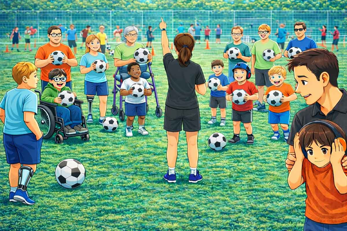 Trainerin leitet eine vielfältige Gruppe von Kindern mit unterschiedlichen Handicaps an, alle halten Bälle und nehmen gemeinsam strukturiert am Training teil.