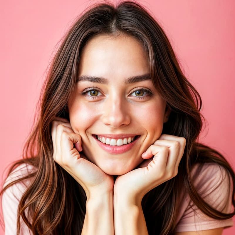 happy smiling woman with chin in her hands looking into camera