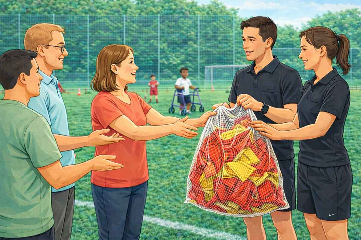 Trainerteam übergibt zu waschendes Trainingsmaterial an Eltern, alle stehen im Austausch am Spielfeldrand und stimmen sich gemeinsam ab, während im Hintergrund Training stattfindet.