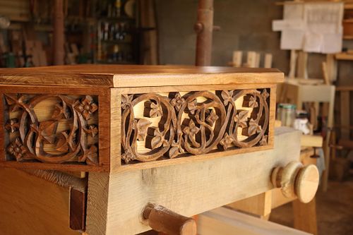 scrolling vines, flowers and St. Joseph monogram on shelf for Dominican Sisters