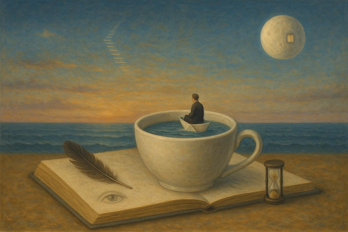 un uomo naviga su una barchetta di carta in una tazza: ambientazione onirico-surreale