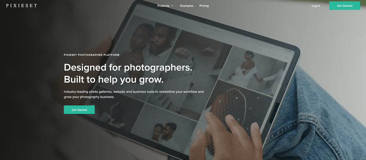 Pixieset homepage showing client gallery delivery platform with free tier for wedding and portrait photographers