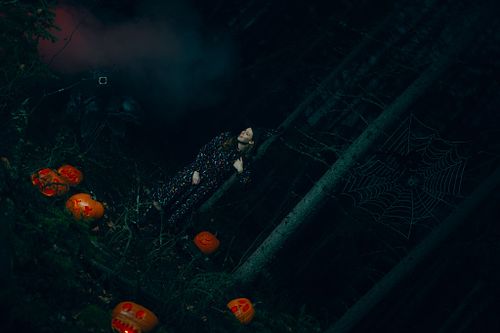 A witch sits in a darkened forest surrounded by carved pumpkins.