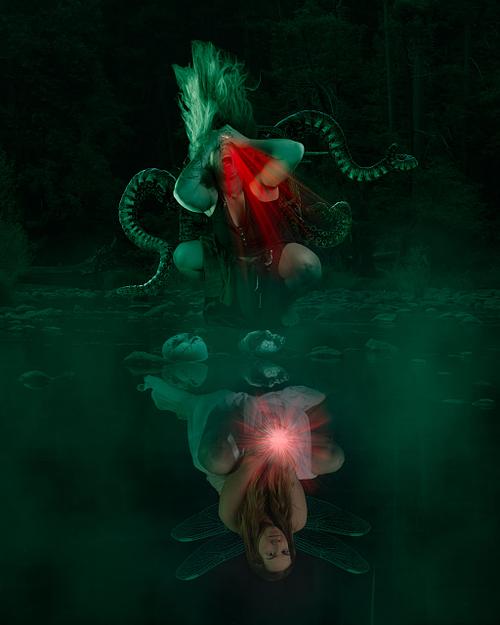 A green and red image of woman with monstrous tentacle pushing her fingers into her eyes while a more hopeful version reflects up at her from the lake.