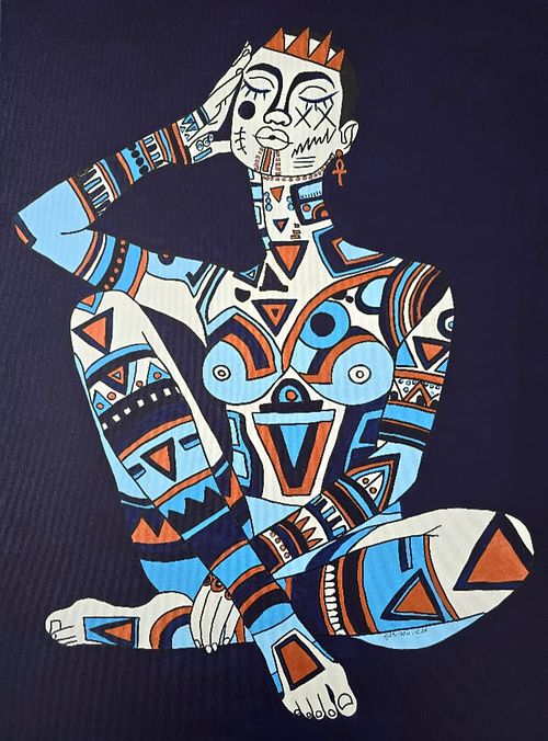 Abstract Cubist painting by Lydia Peters titled Nocturnal Conductance, featuring a bent-neck figure in indigo blue and milky white with metallic copper accents