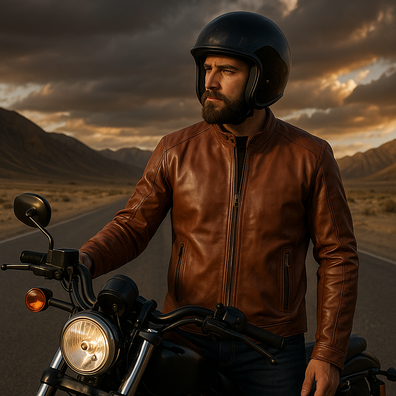 SKINS Odh : Leather Moto Jacket with Stand Collar (Cognac Brown)