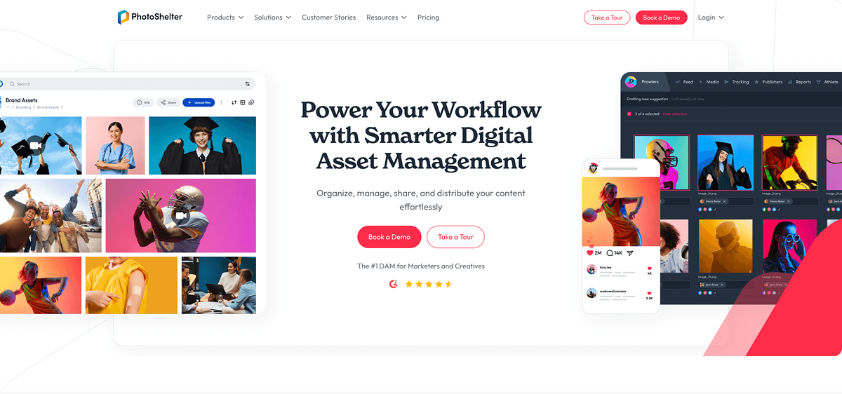 PhotoShelter for Photographers homepage showing digital asset management with IPTC metadata search for editorial and commercial archives