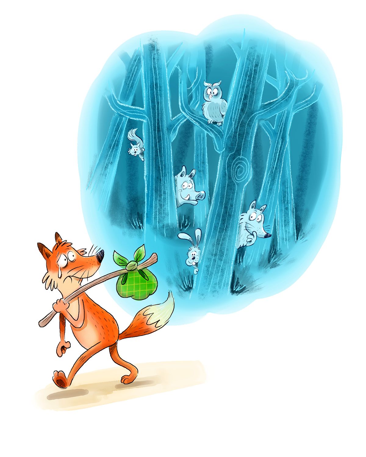 Kinderboek illustratie van droevige vos die het donkere bos verlaat. Alle dieren kijken naar hem van achter de bomen.