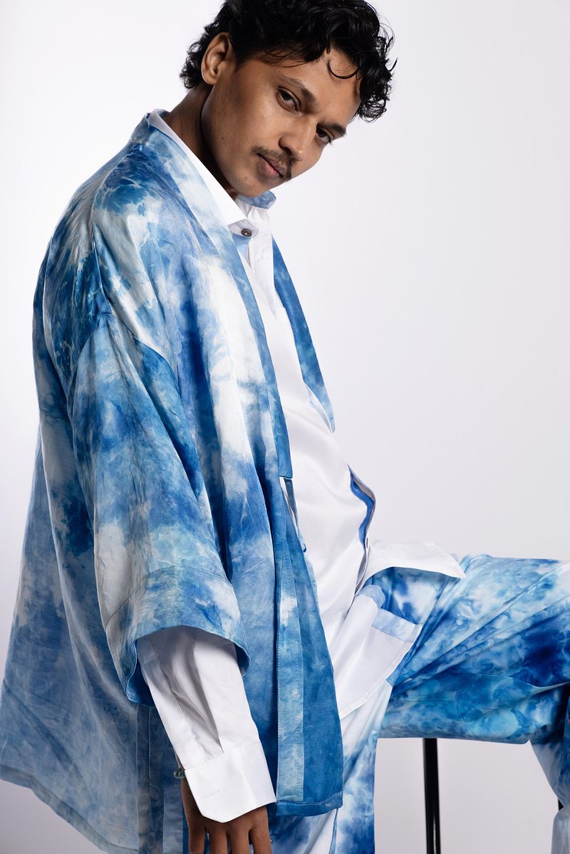 Linen Satin Kimono Jacket - Summer Sky