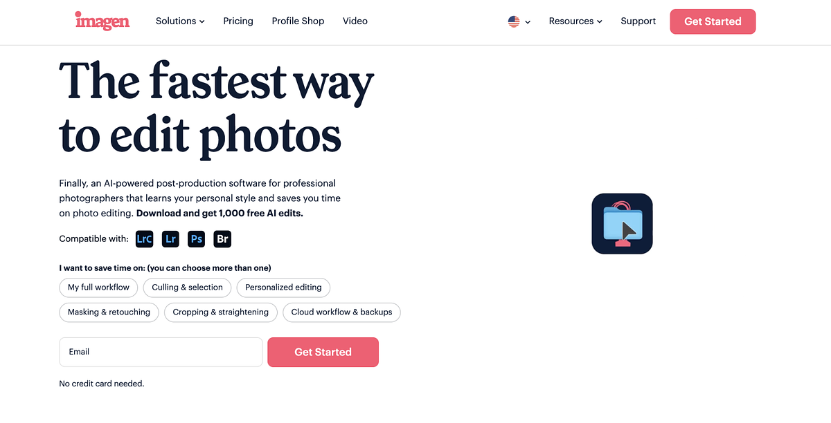 Screenshot della home page di Imagen AI