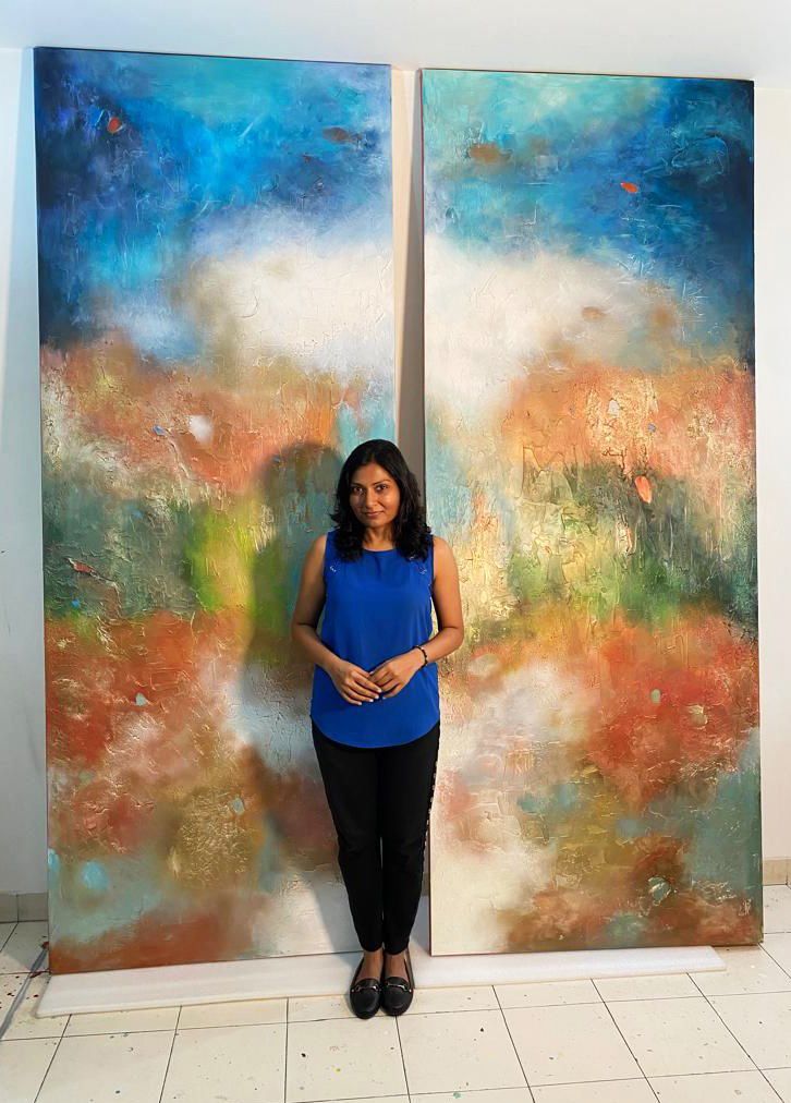 Massive 3-panel triptych for a double-height living room in a luxury Goa villa, merging coastal aesthetics with modern abstract styles