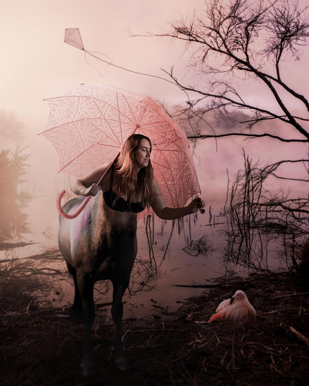 A composite of a female centaur holding a parasol and offering cherries to a pink flamingo.