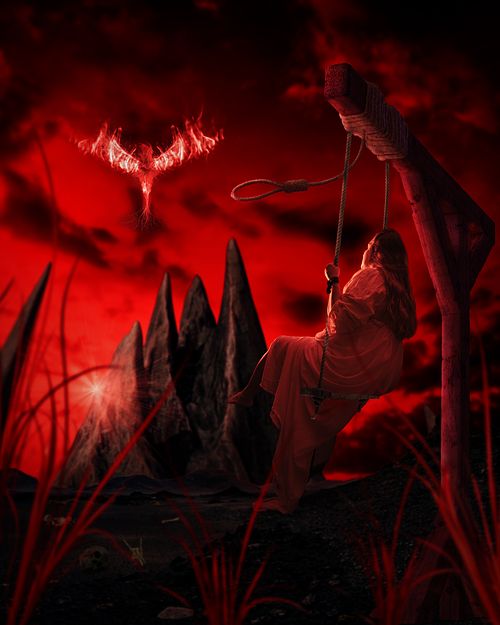 A red composite of a woman sitting on a swing hanging from a gallows pole watching a phoenix rise over mountains..