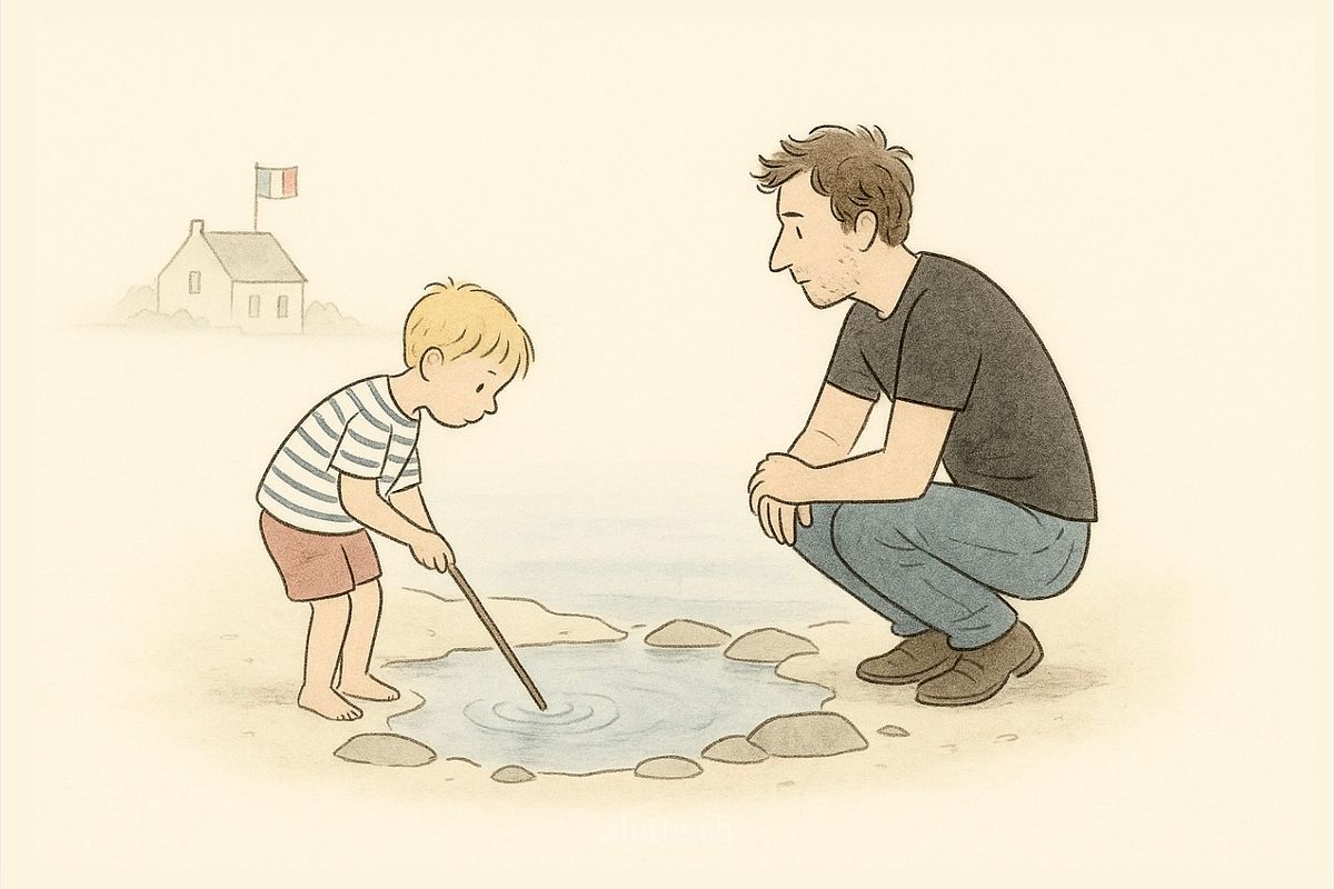 Illustration of Martin Potter watching a younger version of of himself in Brittany, France