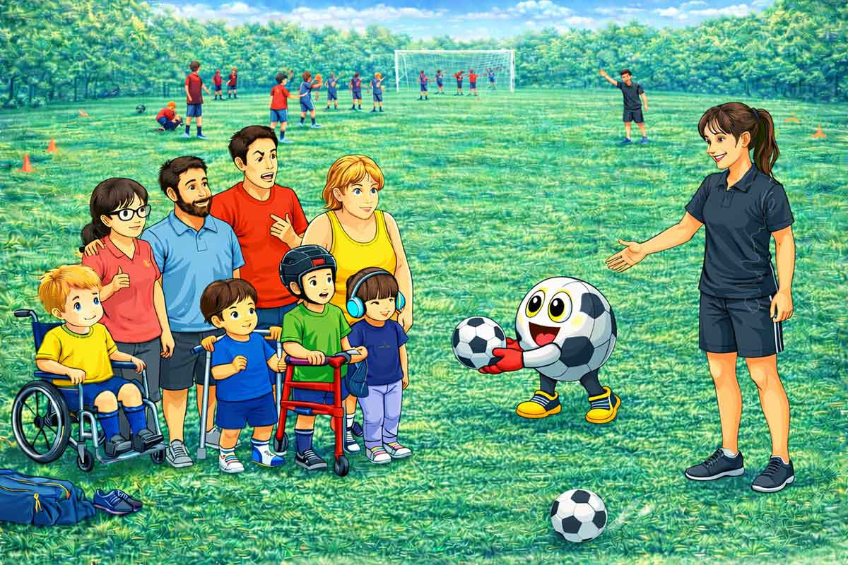 Mehrere Spielerinnen und Spieler er stoßen verspätet zum inklusiven Fußballtraining dazu, während Trainer sie offen empfangen und flexibel ins laufende Training einbinden.